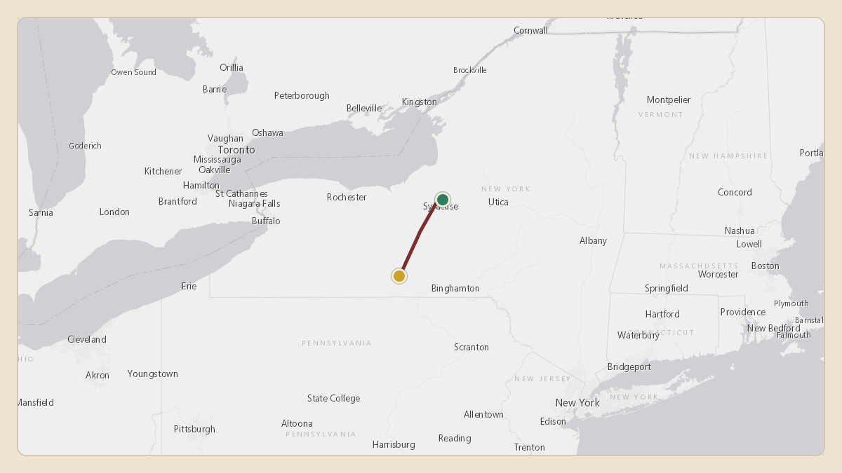 Flight path for Corning's N38CG from KSYR — Syracuse Hancock International Airport to KELM — Elmira Corning Regional Airport