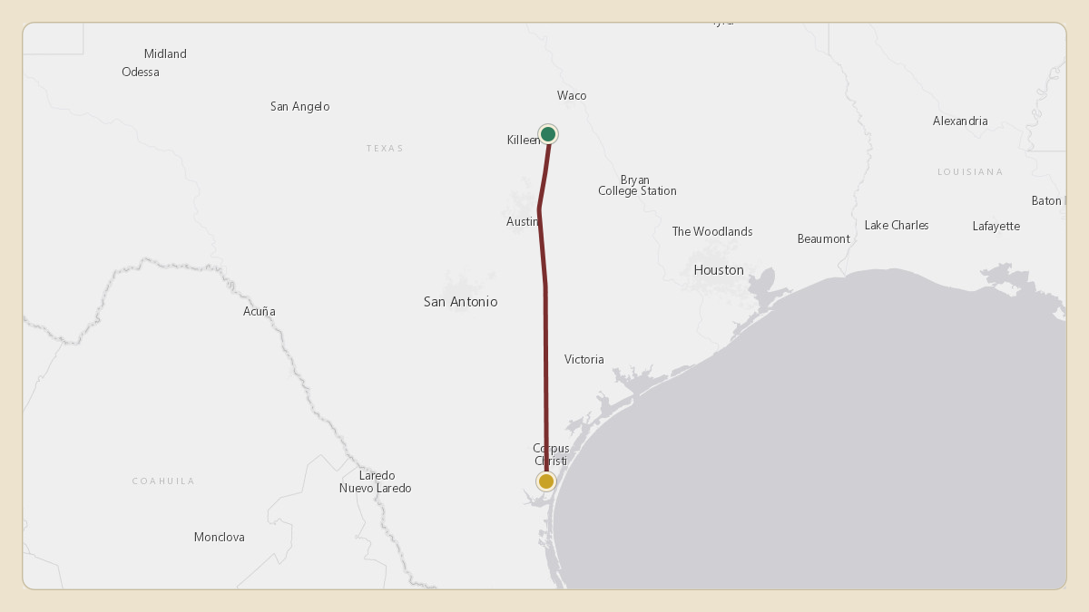 Flight path for Elon Musk's N450GG from KTPL — Draughon Miller Central Texas Regional Airport to KNGP — Naval Air Station Corpus Christi Truax Field