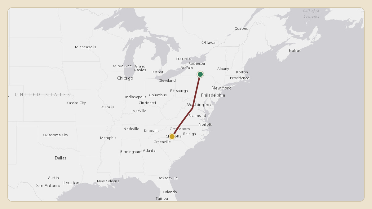 Flight path for Corning's N28CG from KELM — Elmira Corning Regional Airport to KCLT — Charlotte Douglas International Airport