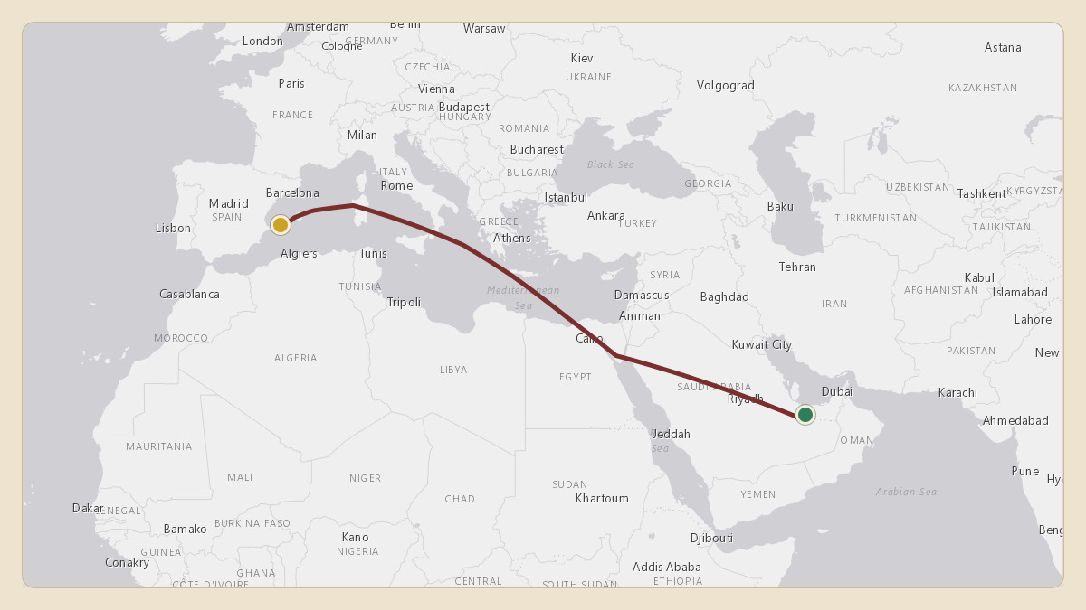Flight path for Joseph Tsai's VP-COR from 23.13°, 52.34° to LEIB — Ibiza Airport