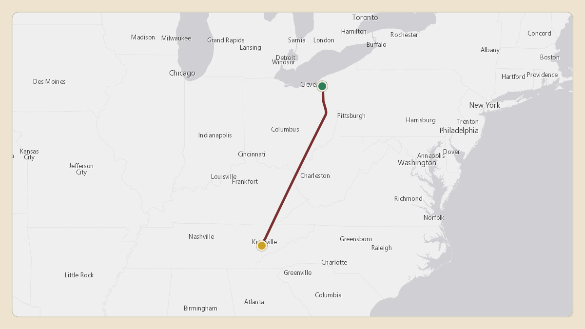 Flight path for Jimmy Haslam's N715CB from KLNN — Lake County Executive Airport to KTYS — McGhee Tyson Airport