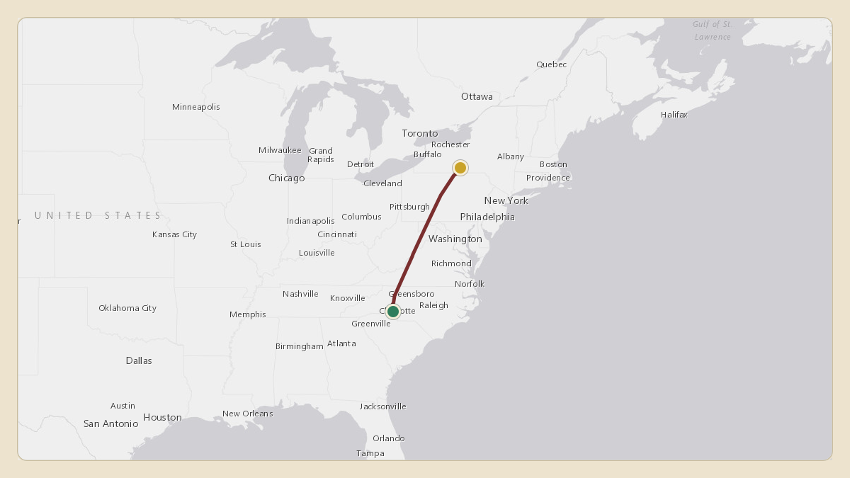 Flight path for Corning's N28CG from KCLT — Charlotte Douglas International Airport to KELM — Elmira Corning Regional Airport