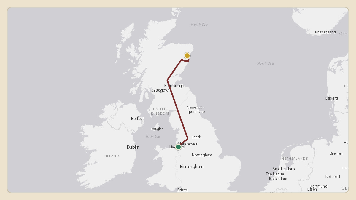 Flight path for UK Government / Royal Flight's G-ZAHS from EGGP — Liverpool John Lennon Airport to EGPD — Aberdeen International Airport