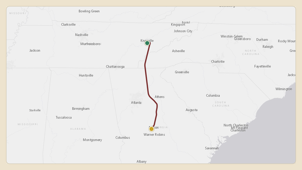 Flight path for Jimmy Haslam's N715CB from KTYS — McGhee Tyson Airport to KMCN — Middle Georgia Regional Airport