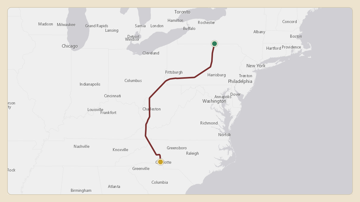 Flight path for Corning's N28CG from KELM — Elmira Corning Regional Airport to KCLT — Charlotte Douglas International Airport