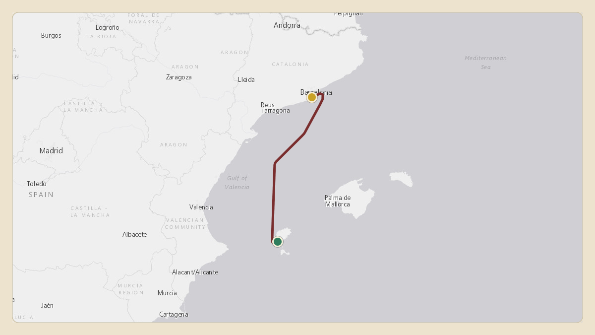 Flight path for Joseph Tsai's VP-COR from LEIB — Ibiza Airport to LEBL — Josep Tarradellas Barcelona-El Prat Airport