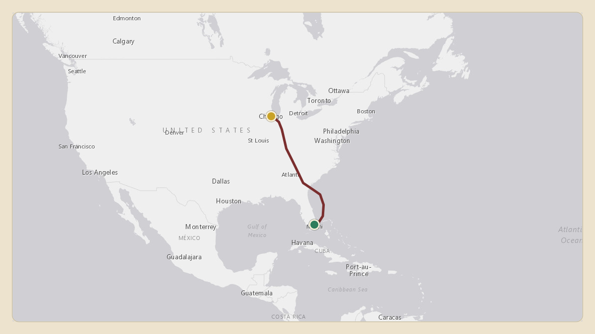 Flight path for Rick Ross's N33055 from KMIA — Miami International Airport to KMDW — Chicago Midway International Airport