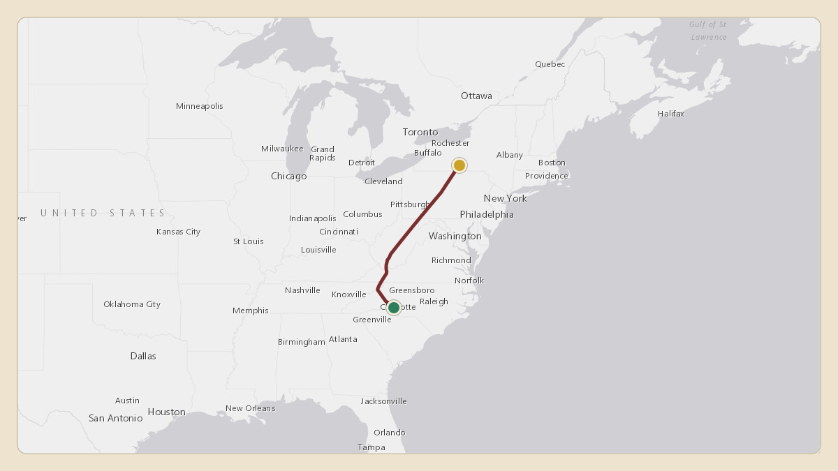 Flight path for Corning's N28CG from KCLT — Charlotte Douglas International Airport to KELM — Elmira Corning Regional Airport