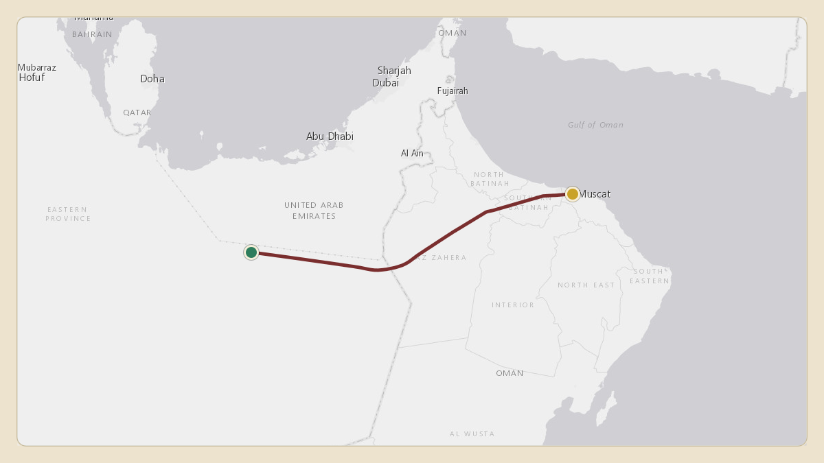 Flight path for Sultan Haitham / Oman Royal Flight's A4O-AJ from 22.75°, 53.12° to OOMS — Muscat International Airport