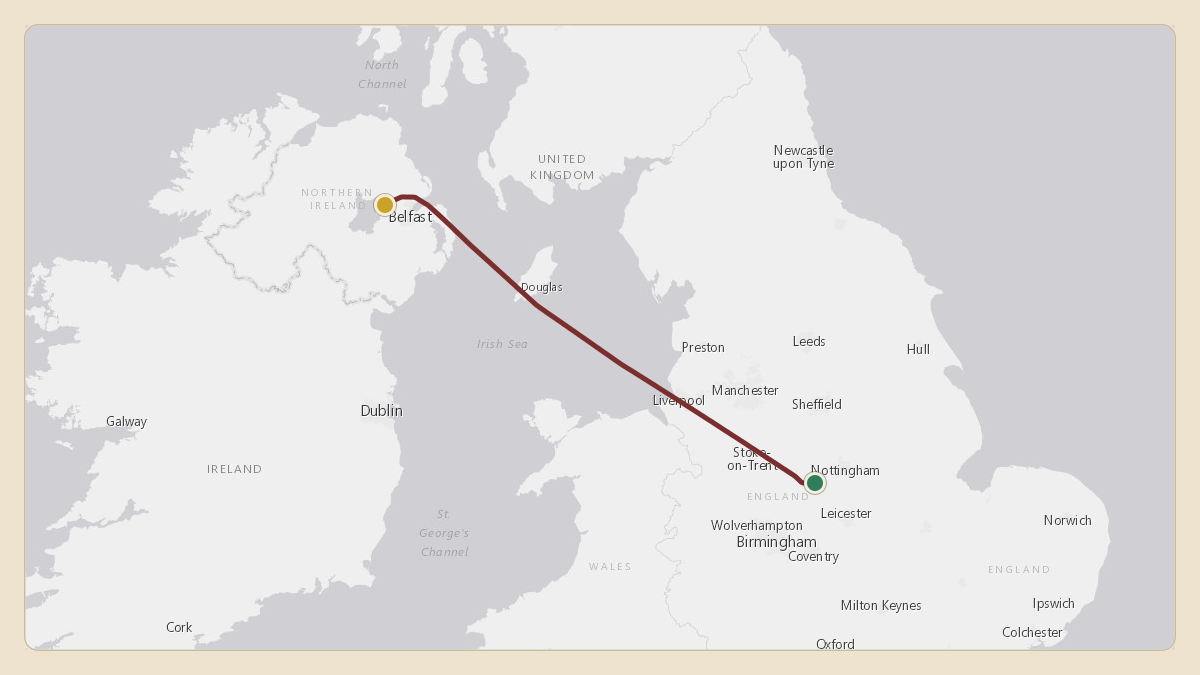 Flight path for UK Government / Royal Flight's G-ZABH from EGNX — East Midlands Airport to EGAA — Belfast International Airport