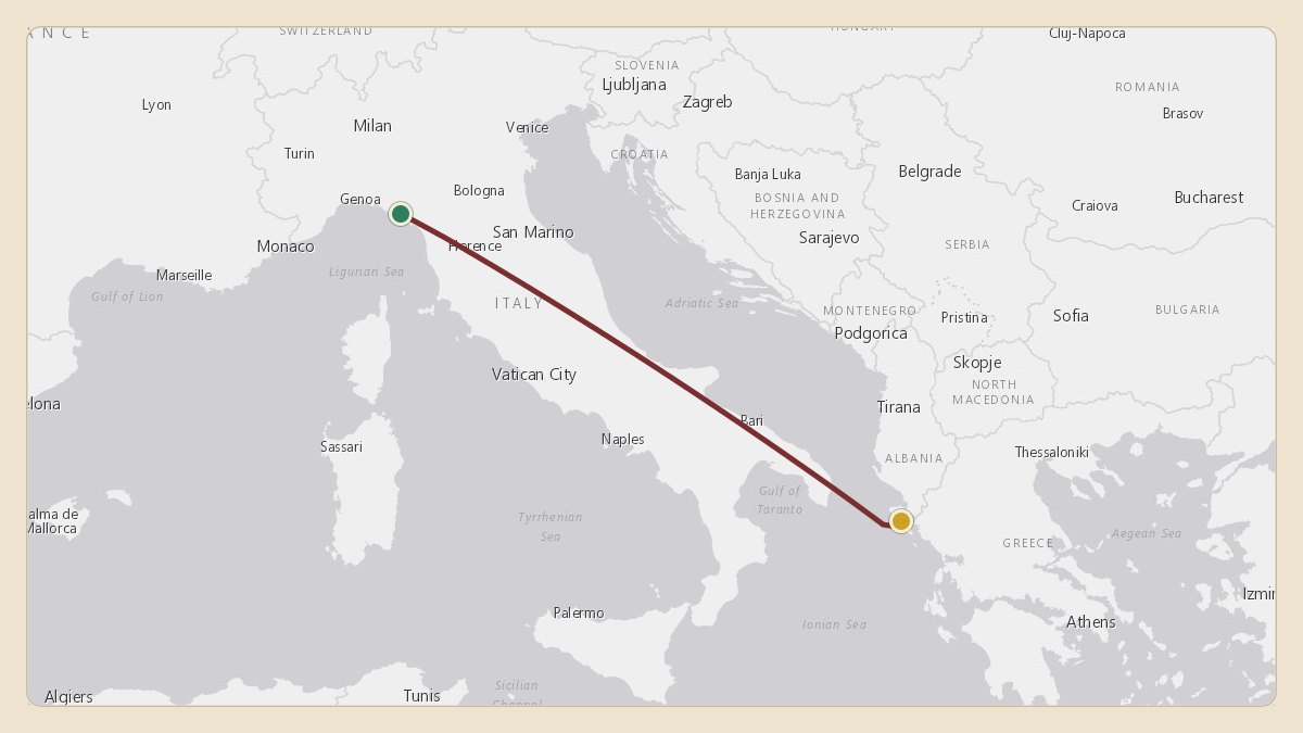 Flight path for Gianluigi Aponte's HB-JLA from 44.18°, 9.80° to LGKR — Corfu Ioannis Kapodistrias International Airport