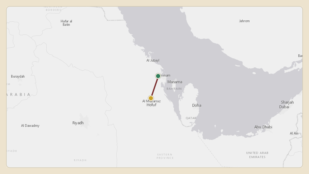 Flight path for Saudi Aramco's N801XA from OEDF — King Fahd International Airport to OEAH — Al-Ahsa International Airport