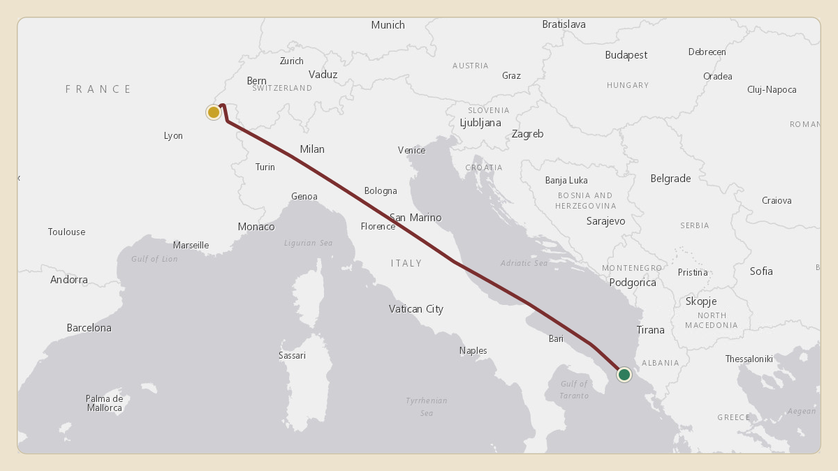 Flight path for Gianluigi Aponte's HB-JLA from LGPZ — Aktion National Airport to LSGG — Geneva International Airport