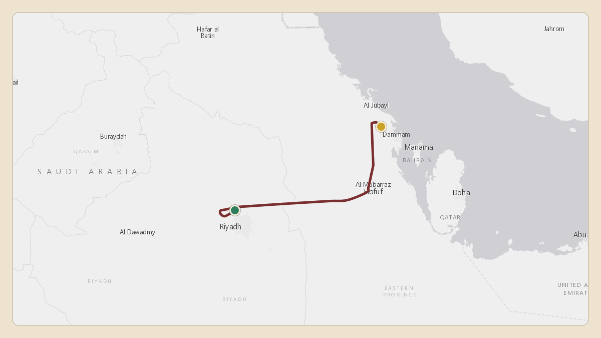 Flight path for Saudi Aramco's N801XA from OERK — King Khalid International Airport to OEDF — King Fahd International Airport