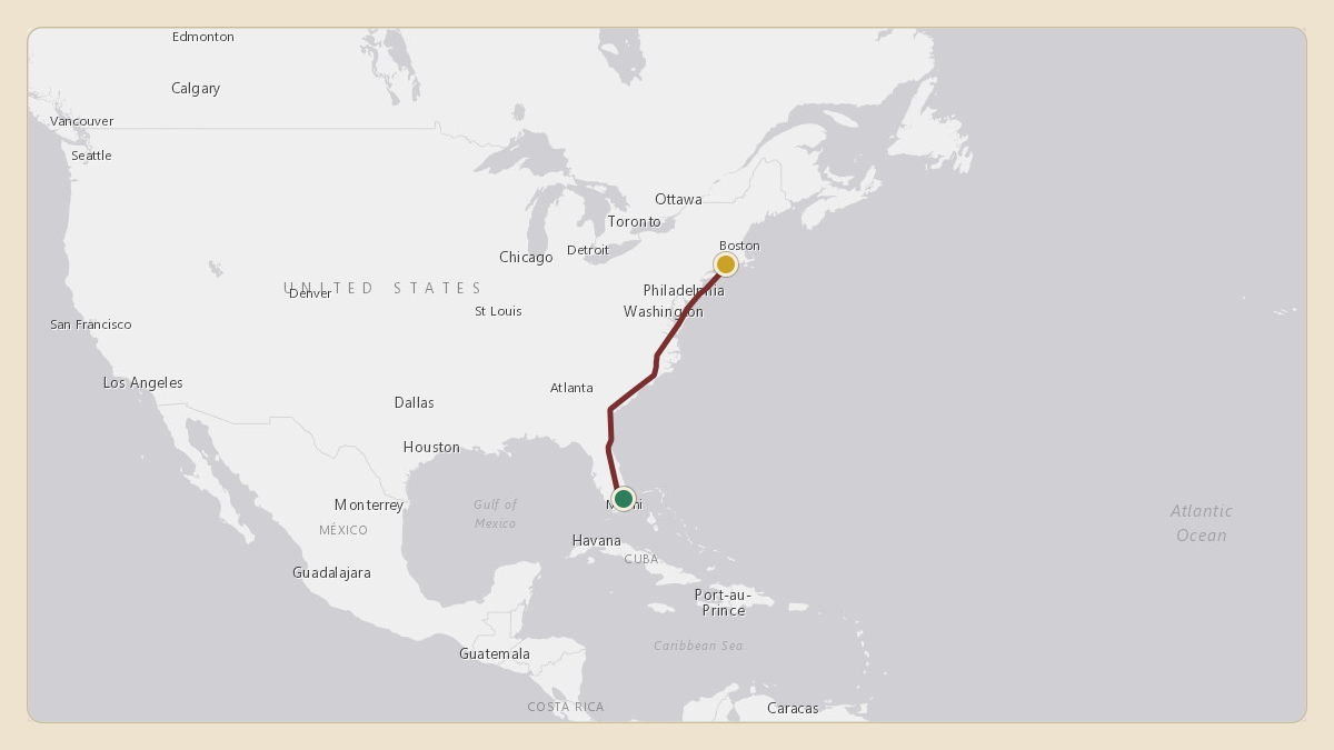 Flight path for Rick Ross's N33055 from KX44 — Miami Seaplane Base to 41.31°, -72.06°