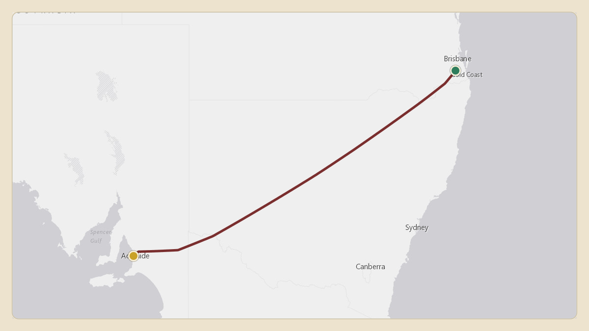 Flight path for Clive Palmer's VH-VQN from -26.89°, 153.89° to YPAD — Adelaide International Airport