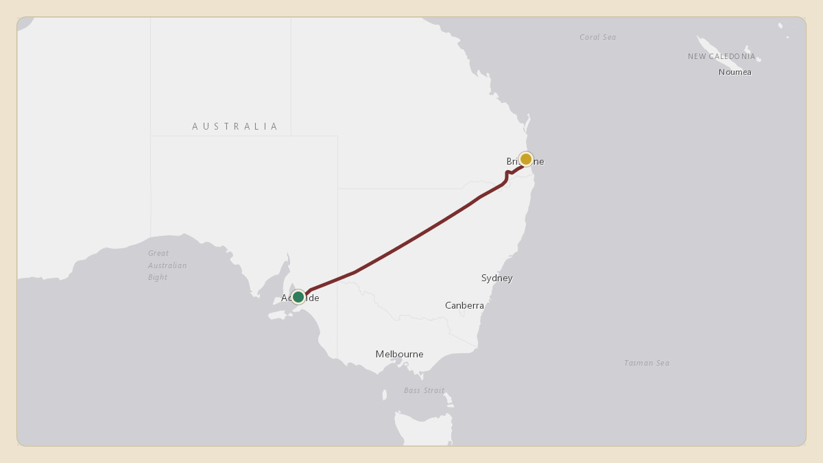 Flight path for Clive Palmer's VH-VQN from YPAD — Adelaide International Airport to YBBN — Brisbane International Airport