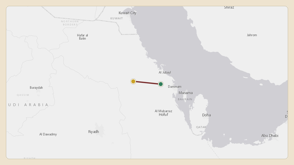 Flight path for Saudi Aramco's N801XA from OEDF — King Fahd International Airport to OEDF — King Fahd International Airport
