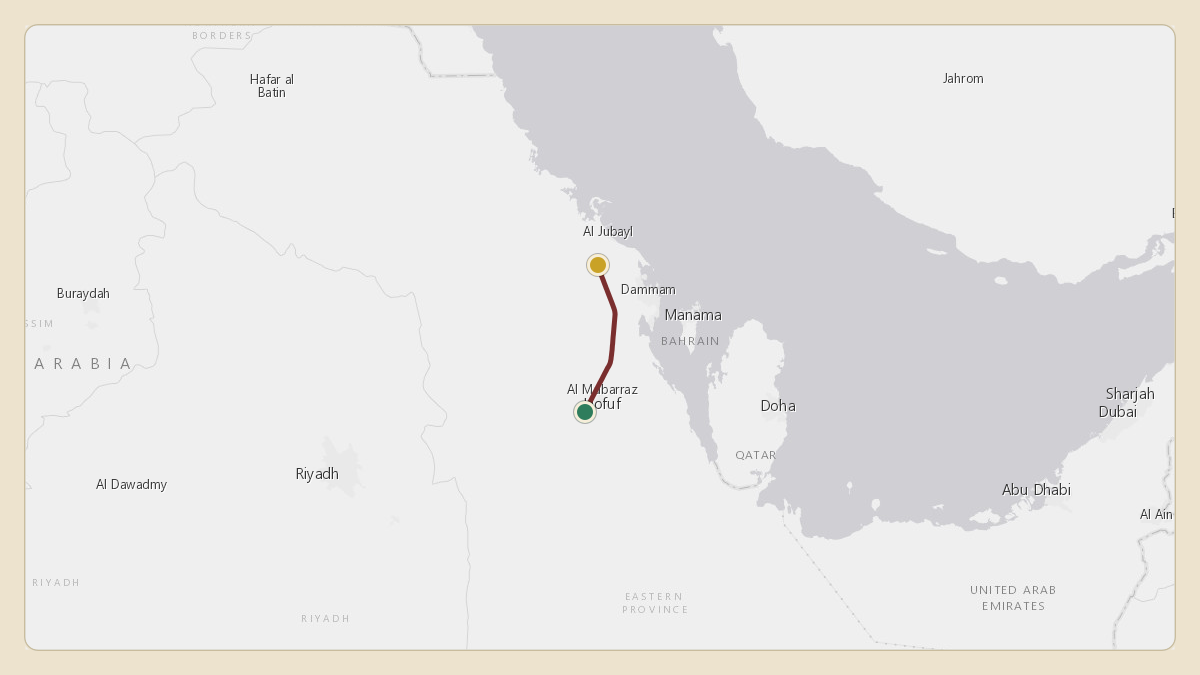 Flight path for Saudi Aramco's N801XA from OEAH — Al-Ahsa International Airport to OEDF — King Fahd International Airport