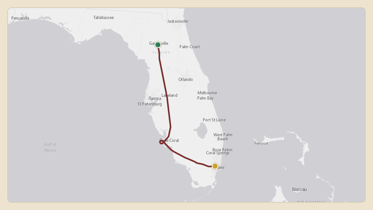 Flight path for Jon Sumrall's N101FG from KGNV — Gainesville Regional Airport to KMIA — Miami International Airport