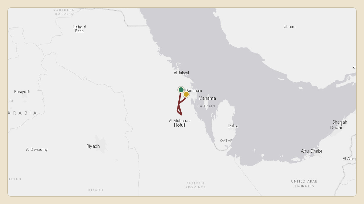 Flight path for Saudi Aramco's N801XA from OEJL — King Abdulaziz Naval Base to OEDF — King Fahd International Airport