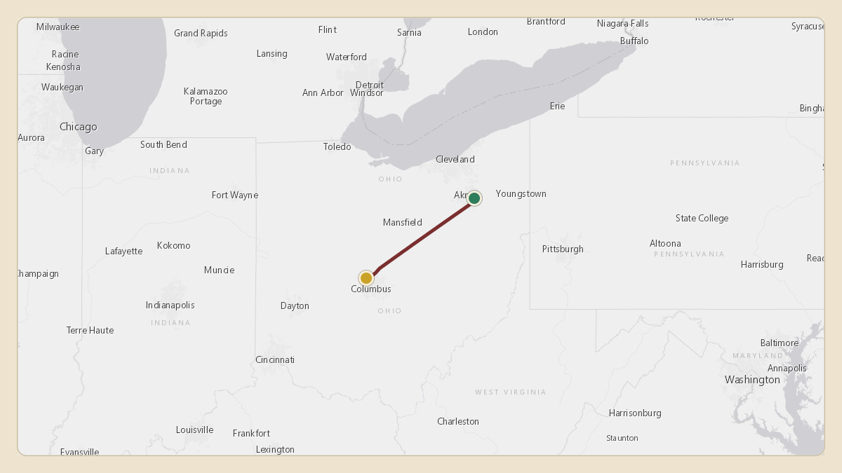 Flight path for Mike DeWine's N71HP from KAKR — Akron Fulton International Airport to KOSU — The Ohio State University Airport - Don Scott Field