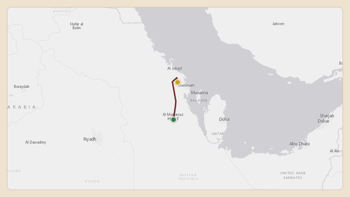 Flight path for Saudi Aramco's N801XA from OEUD — Udhailiyah Airport to OEDF — King Fahd International Airport