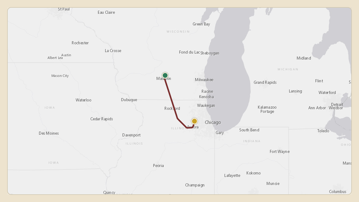 Flight path for Menard Inc.'s N538M from KMSN — Dane County Regional Truax Field to KDPA — Dupage Airport