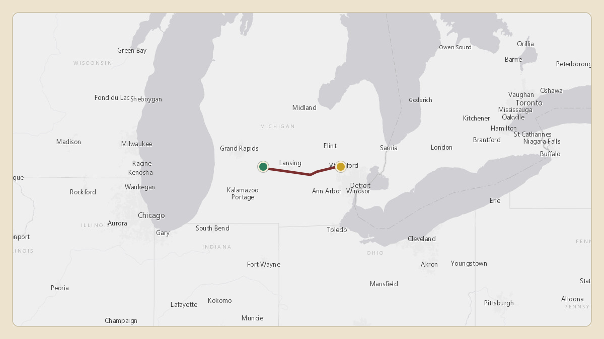 Flight path for Menard Inc.'s N563M from KGRR — Gerald R. Ford International Airport to KFNT — Bishop International Airport