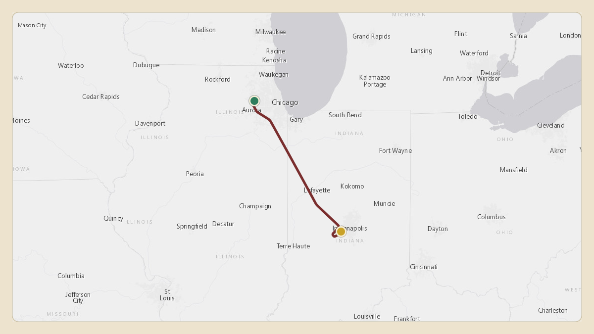 Flight path for Menard Inc.'s N538M from KDPA — Dupage Airport to KIND — Indianapolis International Airport