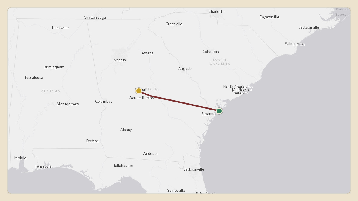 Flight path for Jimmy Haslam's N715CB from KHXD — Hilton Head Airport to KMAC — Macon Downtown Airport