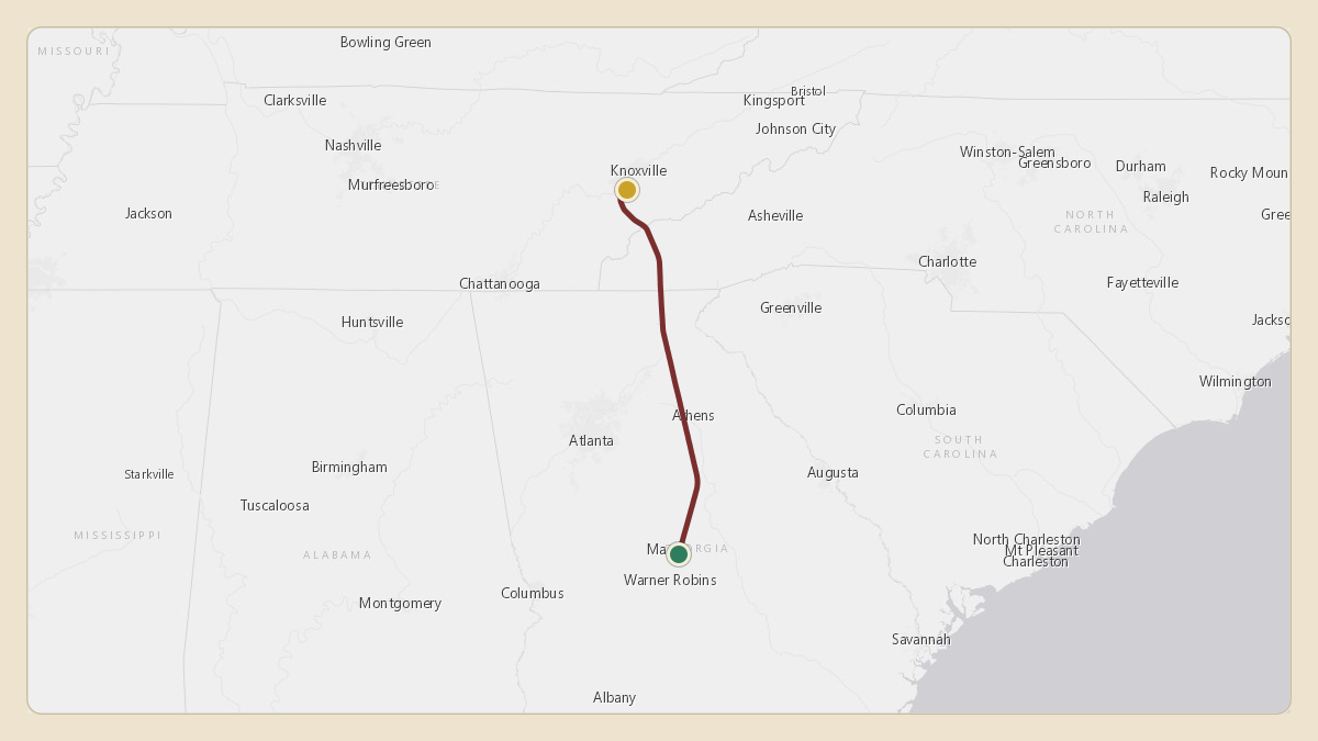 Flight path for Jimmy Haslam's N715CB from KWRB — Robins Air Force Base to KTYS — McGhee Tyson Airport