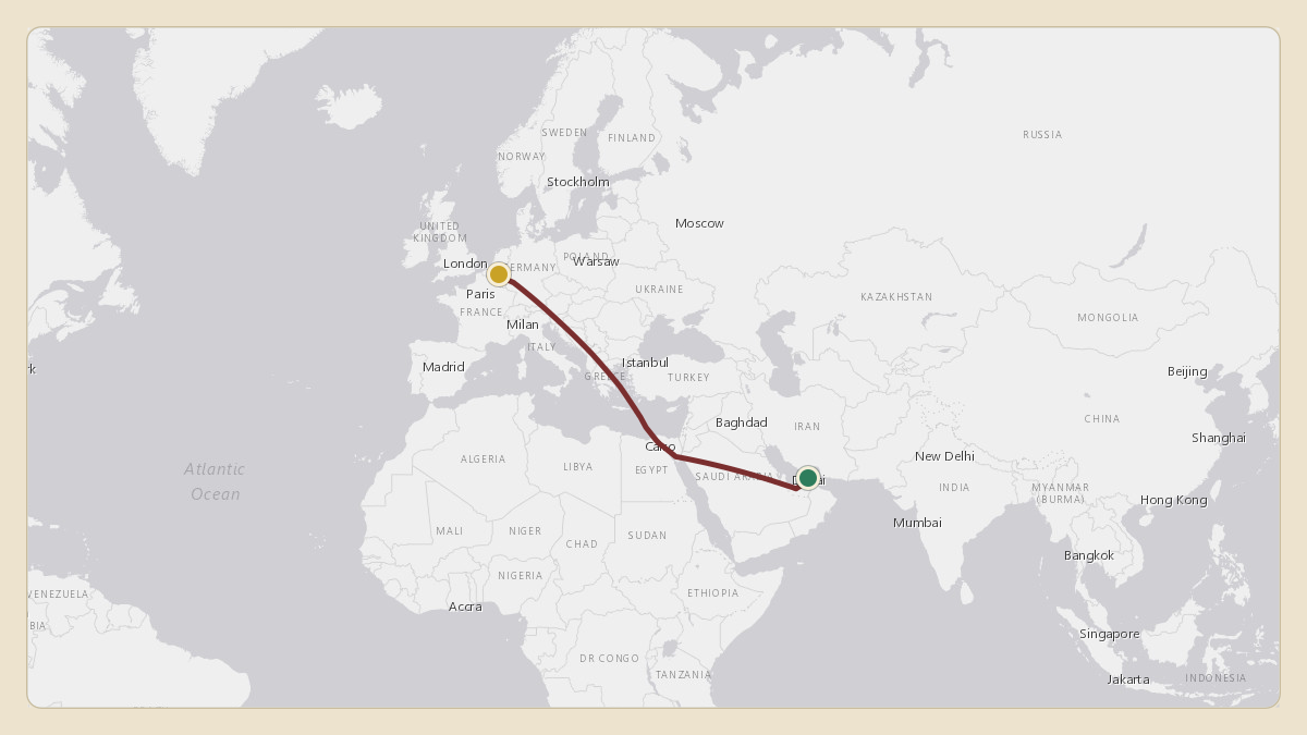Flight path for Sheikh Mohammed bin Rashid Al Maktoum's A6-COM from OMDB — Dubai International Airport to EBLG — Liège Airport