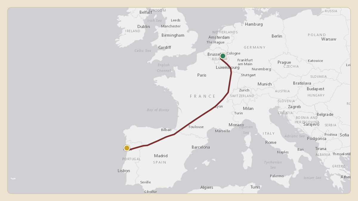 Flight path for Sheikh Mohammed bin Rashid Al Maktoum's A6-COM from EBLG — Liège Airport to LPPR — Francisco de Sá Carneiro Airport