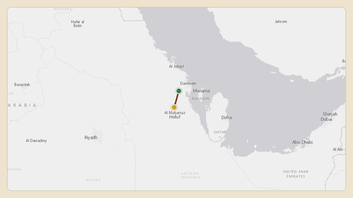 Flight path for Saudi Aramco's N801XA from OEDF — King Fahd International Airport to OEAH — Al-Ahsa International Airport