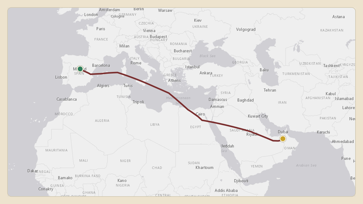 Flight path for Joseph Tsai's VP-COR from LEMD — Adolfo Suárez Madrid–Barajas Airport to VHHH — Hong Kong International Airport