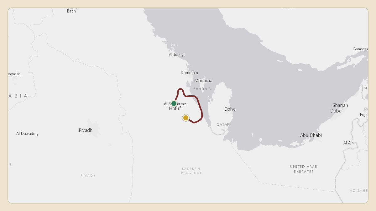 Flight path for Saudi Aramco's N801XA from OEUD — Udhailiyah Airport to 25.00°, 49.99°