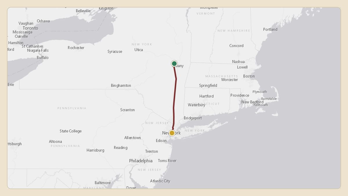 Flight path for Kathy Hochul's N761NY from KALB — Albany International Airport to 6N7 — New York Skyports Inc Seaplane Base