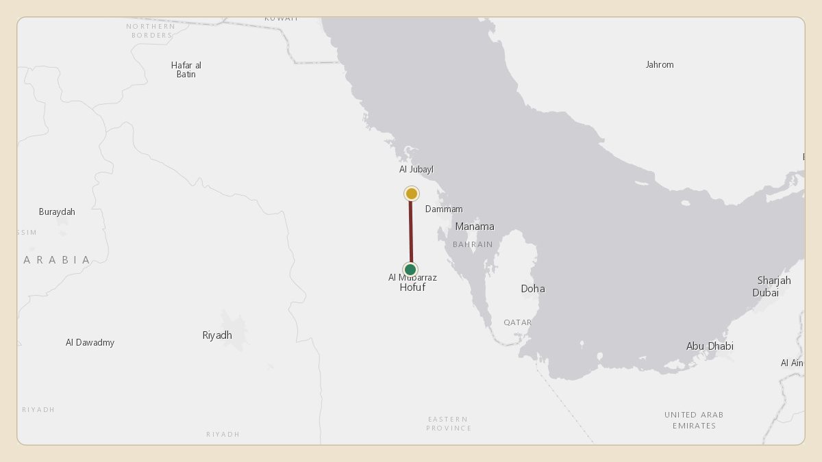 Flight path for Saudi Aramco's N801XA from OEAH — Al-Ahsa International Airport to OEDF — King Fahd International Airport