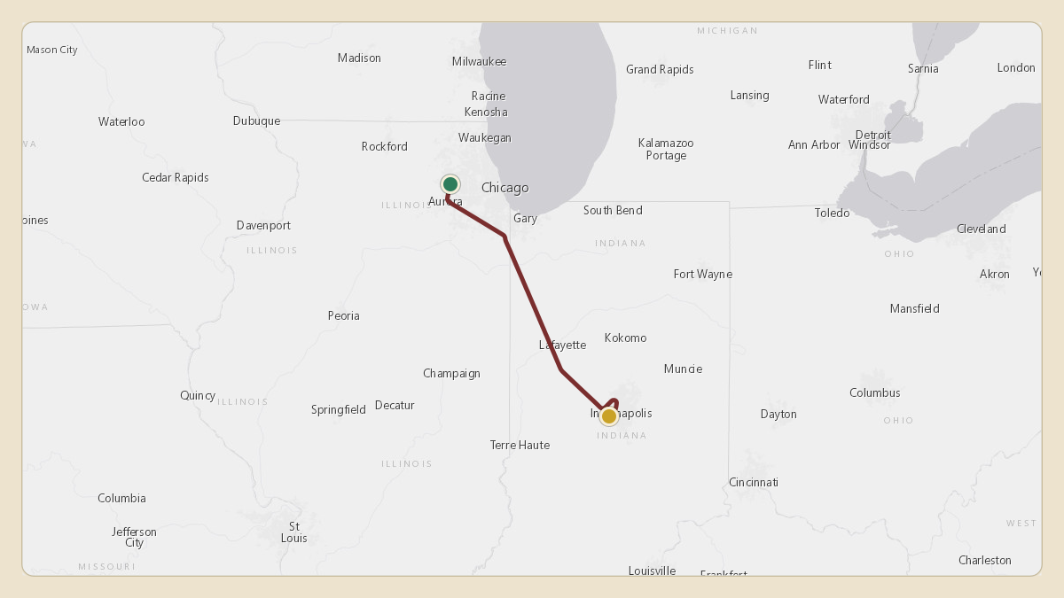 Flight path for Menard Inc.'s N540M from KDPA — Dupage Airport to KIND — Indianapolis International Airport