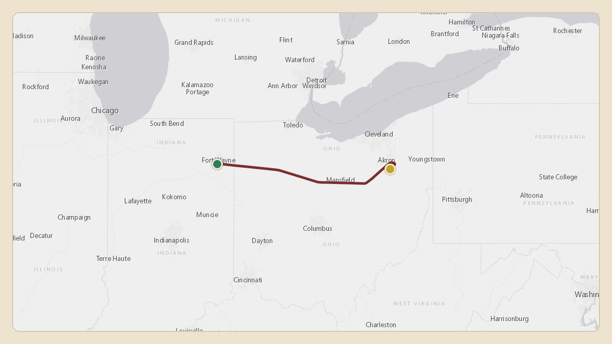 Flight path for Menard Inc.'s N540M from KFWA — Fort Wayne International Airport to KCAK — Akron Canton Regional Airport