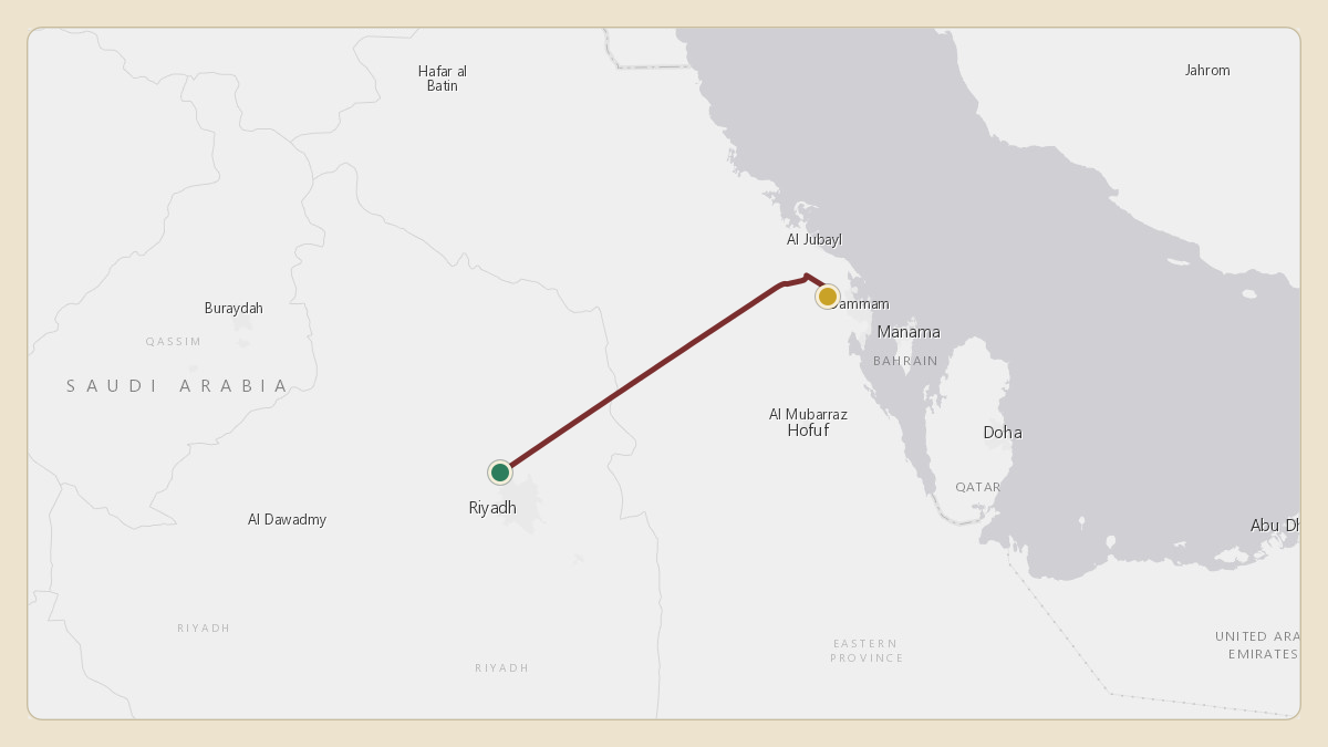 Flight path for Saudi Aramco's N801XA from OERK — King Khalid International Airport to OEDF — King Fahd International Airport