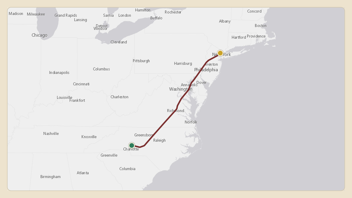 Flight path for Rick Hendrick's N1RH from KJQF — Concord-Padgett Regional Airport to KTEB — Teterboro Airport