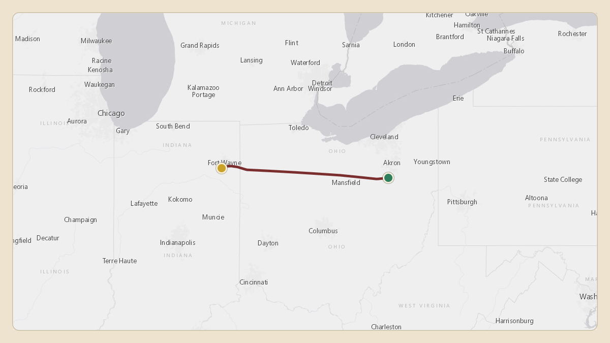 Flight path for Menard Inc.'s N540M from KCAK — Akron Canton Regional Airport to KFWA — Fort Wayne International Airport