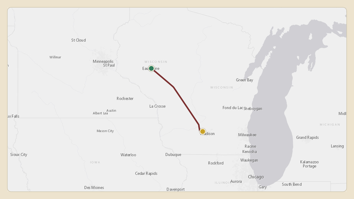Flight path for Lawrence Menard's N1808C from KEAU — Chippewa Valley Regional Airport to KC29 — Middleton Municipal Morey Field