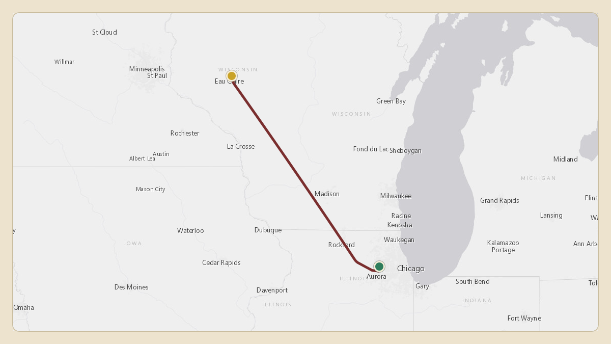 Flight path for Menard Inc.'s N540M from KDPA — Dupage Airport to KEAU — Chippewa Valley Regional Airport