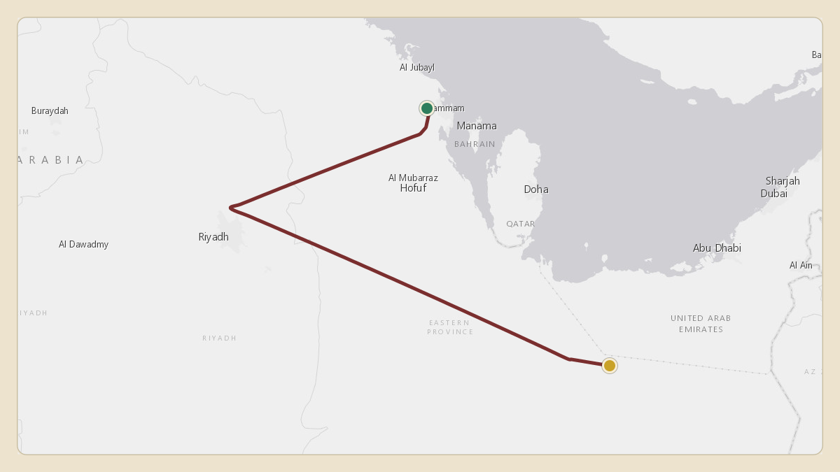 Flight path for Saudi Aramco's N801XA from OEDF — King Fahd International Airport to OESB — Shaybah Airport