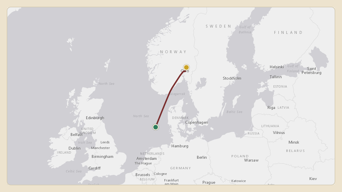 Flight path for Emmanuel Macron / French Presidential Flight's F-RAFA from LFPB — Paris–Le Bourget Airport to ENGM — Oslo-Gardermoen International Airport