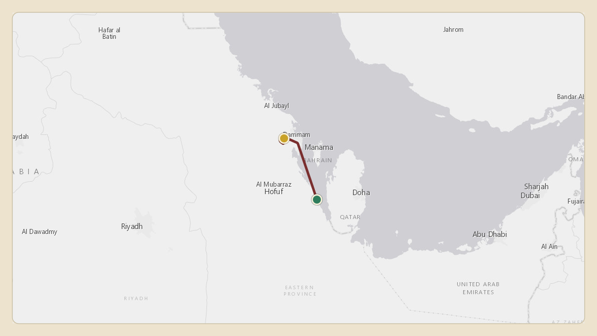 Flight path for Saudi Aramco's N801XA from 25.14°, 50.57° to OEDF — King Fahd International Airport