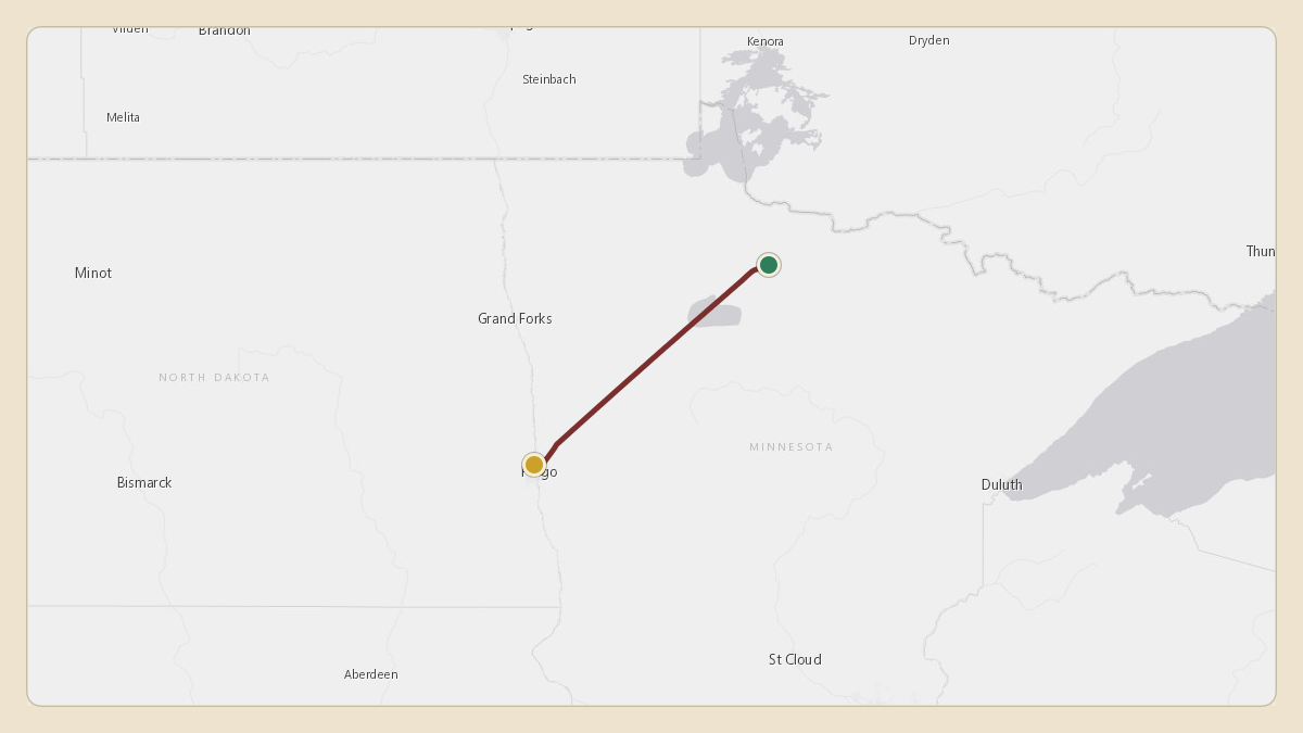 Flight path for Menard Inc.'s N563M from 13Y — Littlefork Muni/Hanover Airport to KFAR — Hector International Airport